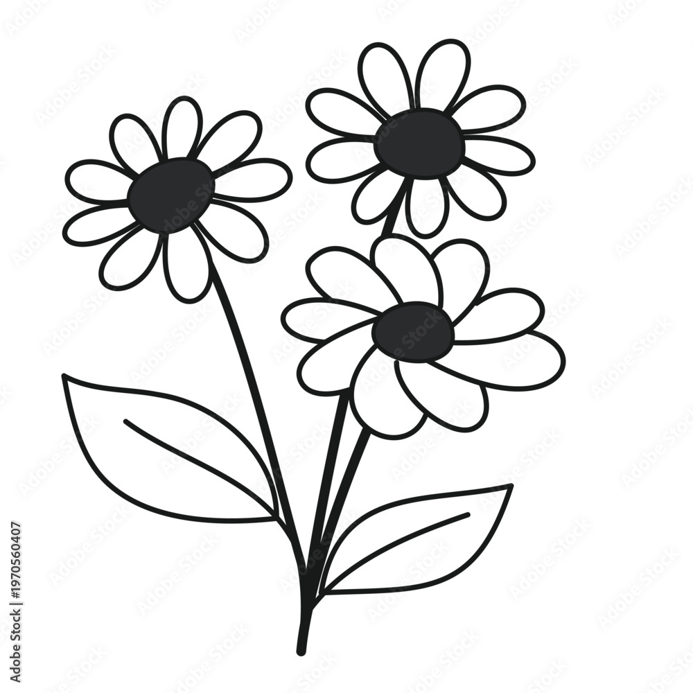 Obraz premium Flower Simple Cartoon Drawing of Three Blooming Daisies with Leaves