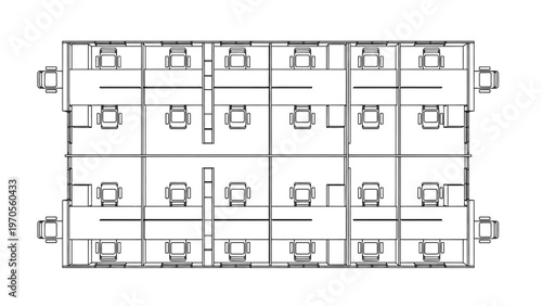 Modern Office Floor Plan CAD Layout with Cubicles, Workstations and Meeting Rooms Technical Drawing