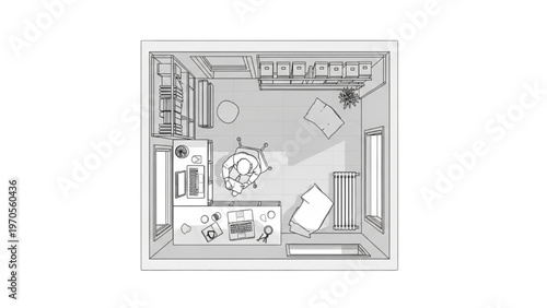 Top View Interior Floor Plan of Modern Home Office Room Layout with Furniture, Technical Architectural Drawing