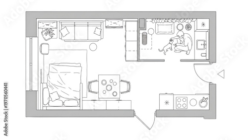 Modern Studio Apartment Floor Plan Layout with Furniture, CAD Blueprint Technical Drawing for Compact Residential Design