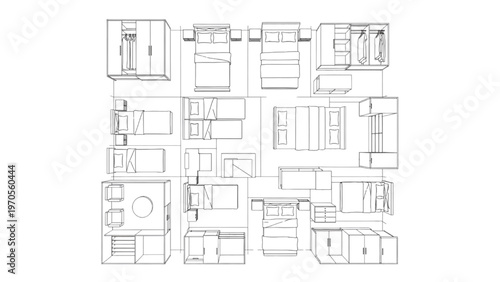 Top View Architectural Floor Plan with Furniture Layout, Residential Apartment Blueprint CAD Style Technical Drawing