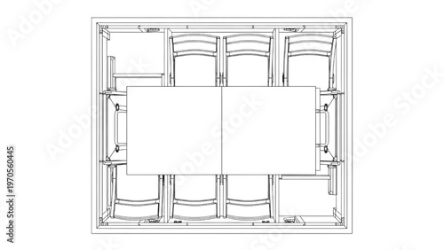 Top-down architectural blueprint of a modern conference room layout, featuring a long table and multiple chairs for office planning