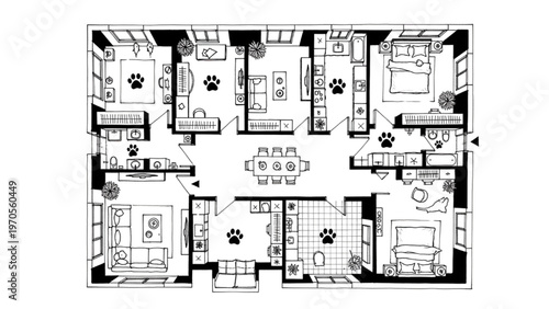 Architectural floor plan illustration of a house with pet-friendly features for dogs