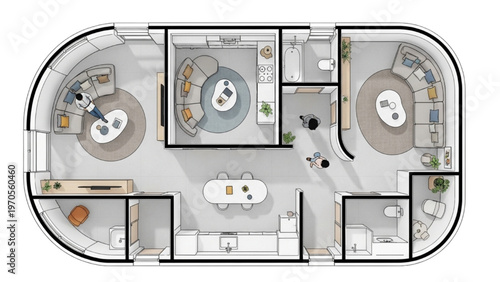 Contemporary architectural floor plan of a modern, efficient capsule-shaped living space layout