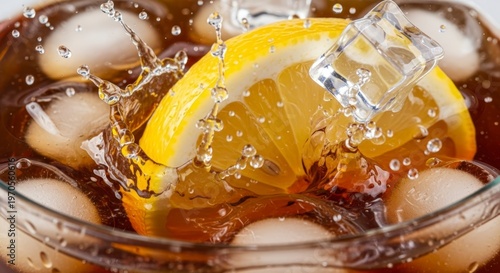 Refreshing glass of iced tea with lemon.