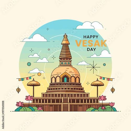 Happy Vesak Day illustration with Buddhist stupa, lotus flowers, and prayer flags