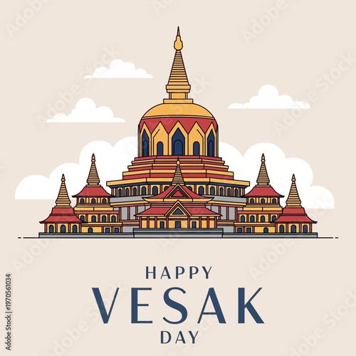 Happy Vesak Day Greeting Card with Buddhist Temple Illustration and Clouds