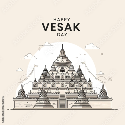 Happy Vesak Day Greeting Card with Temple Illustration