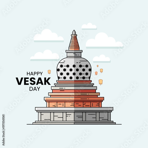 Happy Vesak Day greeting with a traditional Buddhist stupa and lanterns illustration
