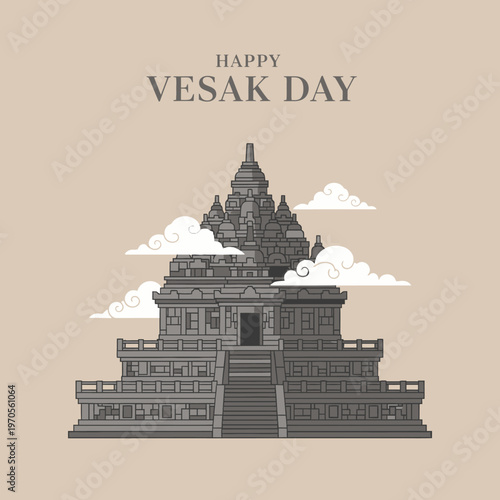 Happy Vesak Day Greeting with Borobudur Temple Illustration and Clouds