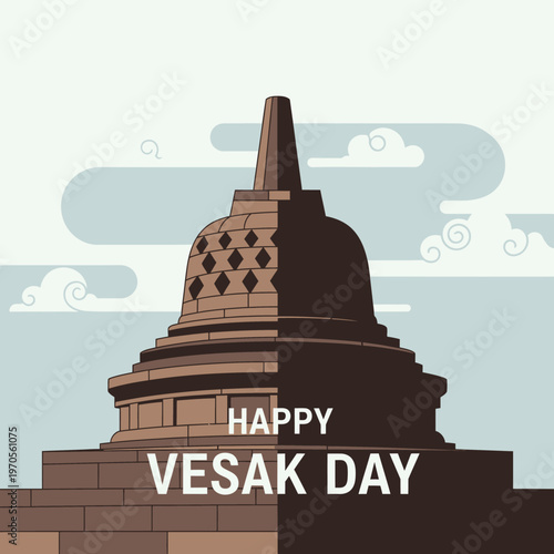 Happy Vesak Day greeting with Borobudur Temple illustration, clouds and sky