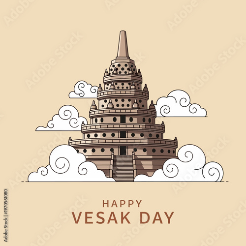 Happy Vesak Day greeting with Borobudur temple illustration and clouds