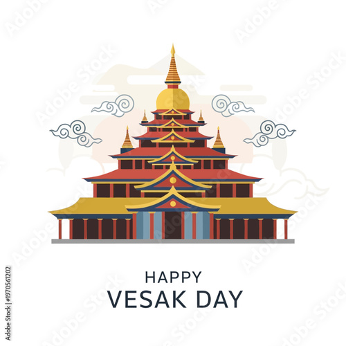 Happy Vesak Day greeting with traditional Buddhist temple and clouds illustration