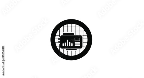 Data chart icon displays analytical metrics within a circular frame on a plain white background.