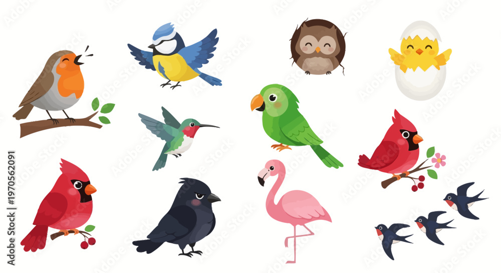 Fototapeta premium Set of funny cartoon birds illustration vector design with cute animals like owl parrot and sparrow in nature style artwork