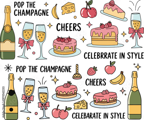 Champagne Party Celebration, Illustration Doodle Cartoon Collection