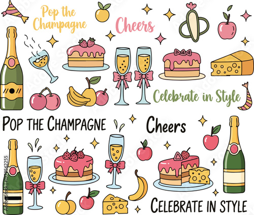 Champagne Party Celebration, Illustration Doodle Cartoon Collection