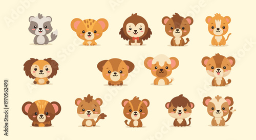 Cute vector collection of funny cartoon animals and baby pets including a dog, cat, bear, and lion in a flat character illustration set for zoo and nursery patterns