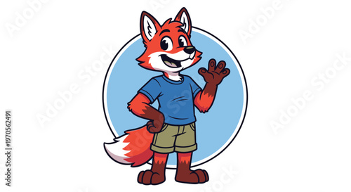 Cute illustration of a happy cartoon red fox with a big smile holding a bone, featuring a funny character design and wagging tail in a vibrant vector art style