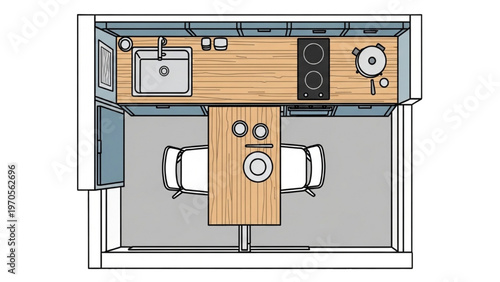 Top-down view of a modern kitchen with dining area and appliances