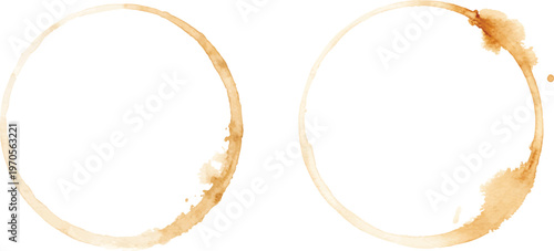 A charming watercolor collection of coffee stain rings featuring light brown circular splashes and organic liquid marks illustrated in a soft minimal style.