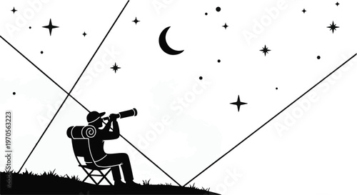 Silhouette of a person with a backpack looking through a telescope at the night sky.