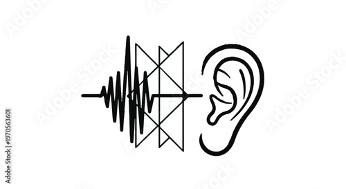 Human ear receives sound waves represented by geometric shapes and waveform graphics.
