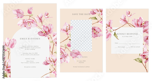 Wedding invitation suite featuring watercolor-style pink Bougainvillea flowers on a soft peach background