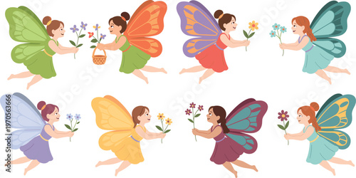 Flat Vector Illustration Set of Cute Magical Fairies with Butterfly Wings Holding Spring Flowers for Kids Fantasy Design