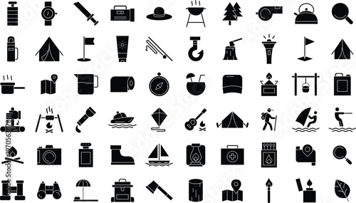 Camping and Outdoor solid Icons Set – Adventure, Travel, Hiking, Survival and Nature Activities icon set