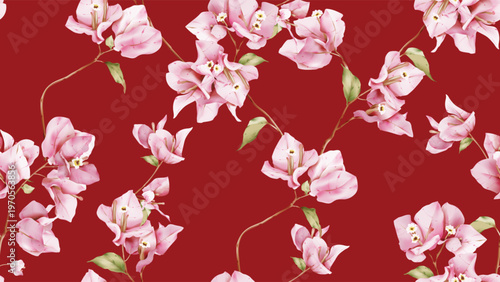 Floral seamless pattern featuring watercolor-style pink Bougainvillea flowers...