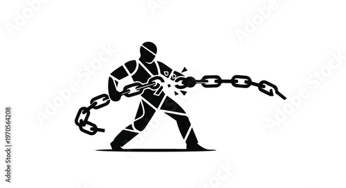 Stylized person breaking a chain with immense strength, symbolizing freedom and overcoming obstacles.