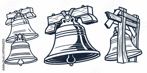 Vintage Antique Bells on Wooden Beams Vector Set