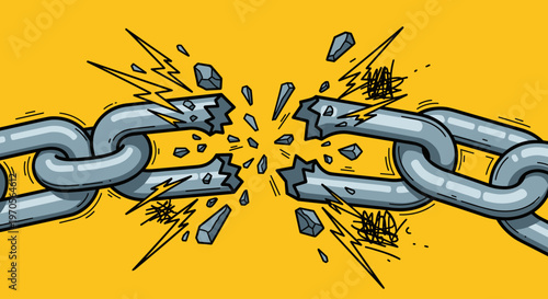 A broken chain link explodes in a dynamic, comic book-style illustration, conveying a sense of freedom and disruption.