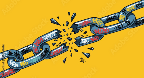 A broken chain with graffiti on a yellow background, symbolizing freedom and rebellion.