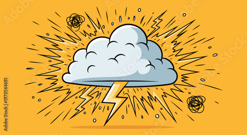 A cartoon cloud with a lightning bolt, symbolizing a stormy and energetic mood, perfect for illustrating a dramatic or exciting concept.