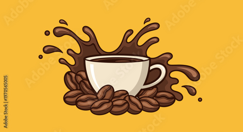 A vibrant illustration of a coffee cup surrounded by coffee beans and a splash of coffee on a bright yellow background.