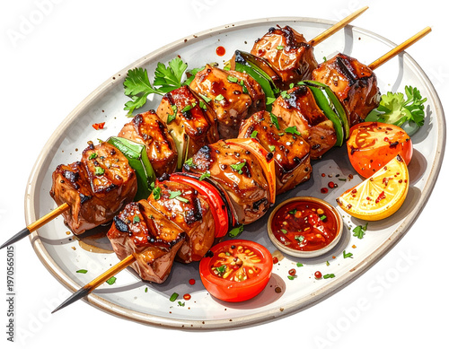 Grilled meat and vegetables on skewers, savory