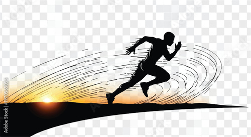 Silhouette of a runner in motion against a sunset with motion trails.
