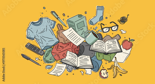 A vibrant illustration of a student's life with scattered belongings.