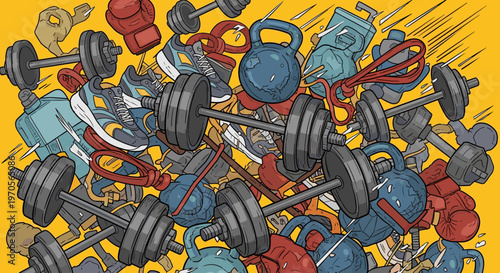 A playful cartoon illustration of fitness equipment in disarray, conveying energy and dynamism.