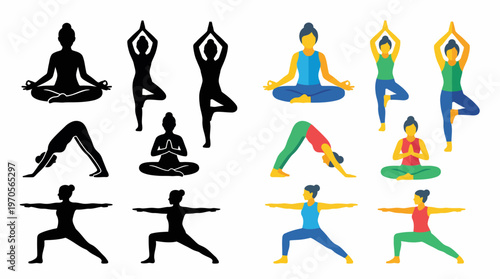Diverse yoga poses and meditation postures, embodying the concept of balance, flexibility, and inner peace, designed for holistic well-being and mindful practice