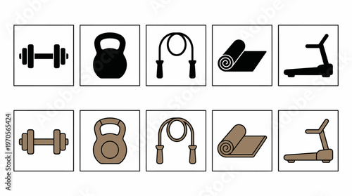 Collection of fitness equipment icons dumbbells, kettlebells, jump ropes, yoga mats, and treadmills