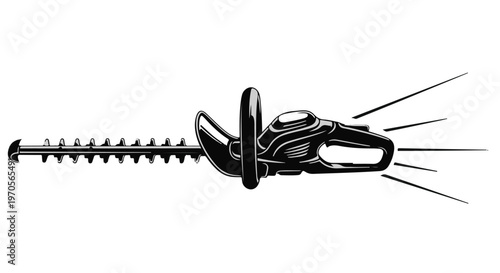 Close-up illustration of a garden hedge trimmer, depicting its sharp blades and power tool components.