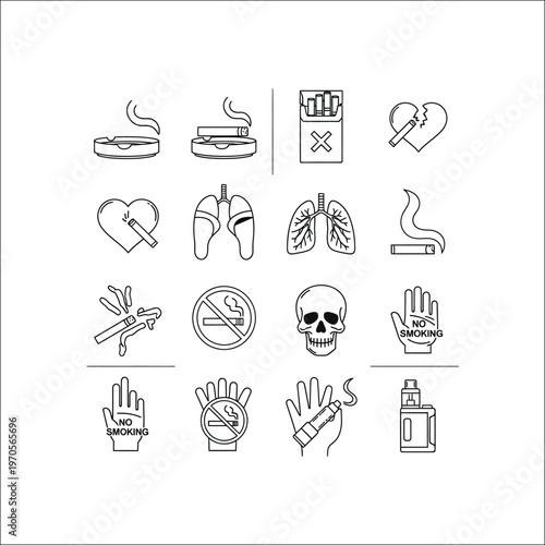 Smoking and Stop Smoking Health Risk Line Art Icon Set