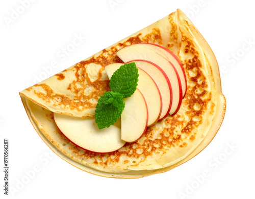 Folded crepe topped with sliced apples & mint