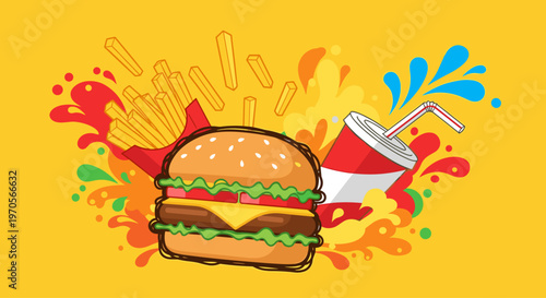 A colorful illustration of a cheeseburger, fries, and soda, evoking a sense of fun and craving.
