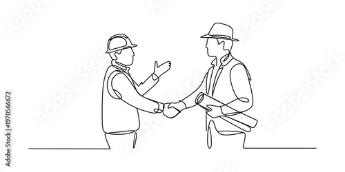 A single continuous line drawing of a construction worker and an architect shaking their hands Vector, illustration