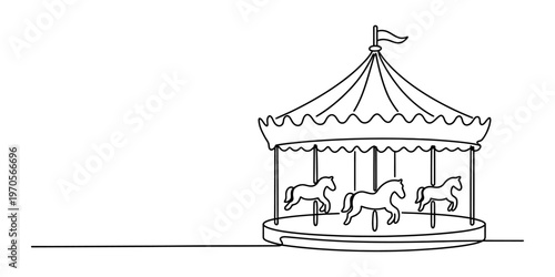 A simple black and white line drawing of a classic carousel ride with three horses in motion. Vector, illustration