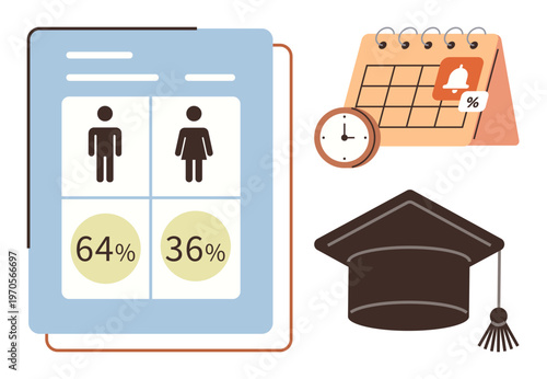 Education, academic planning, gender statistics, student demographics, graduation rates, research. Graphics show a report with gender percentages, a graduation cap calendar and clock. Education